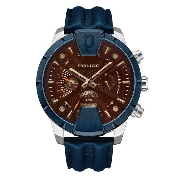 Police Men's Wristwatch Chronograph Leather Blue Brown Analogue Quartz Time Date Men's Watch - 5 ATM Waterproof