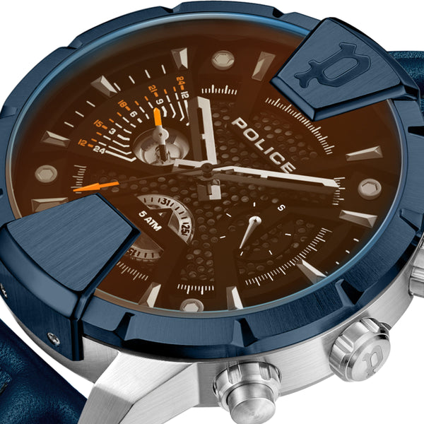 Police Men's Wristwatch Chronograph Leather Blue Brown Analogue Quartz Time Date Men's Watch - 5 ATM Waterproof
