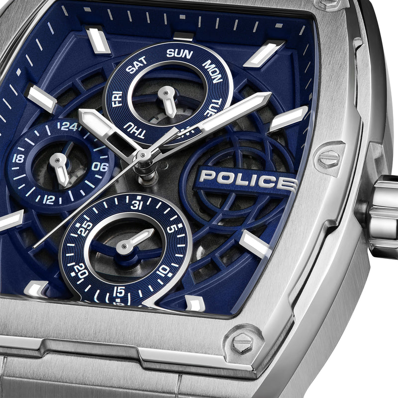Police Men's Wristwatch Analog Quartz Stainless Steel Blue Silver 45mm Chronograph Men's Watch Leather Strap Time Date