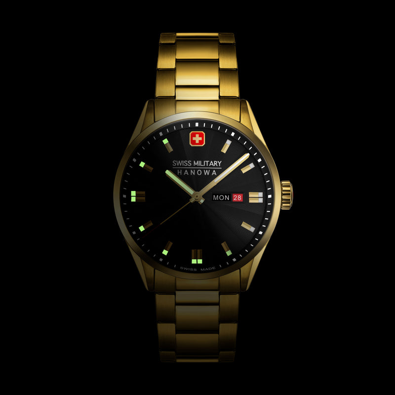 Swiss Military Hanowa Men's Wristwatch Analog Gold/Black 42mm Stainless Steel Men's Watch Chronograph Date Bracelets