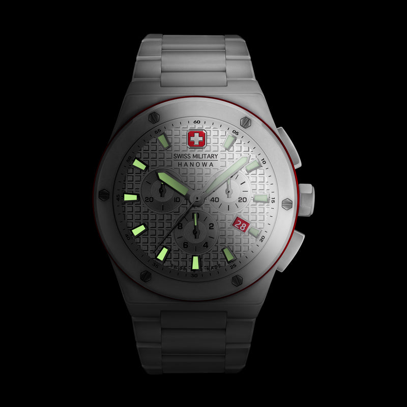 Swiss Military Hanowa Orologio da polso unisex Bianco/Rosso 42 mm Orologio da uomo in acciaio inossidabile Cronografo Orologio da polso al quarzo