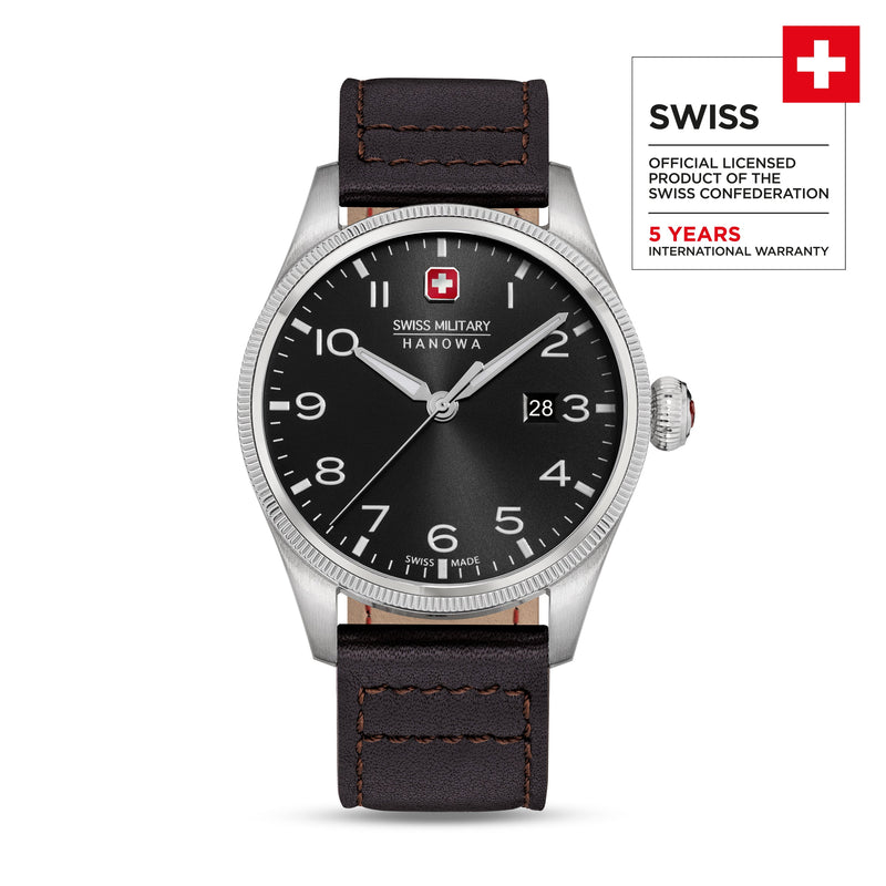 Swiss Military Hanowa Orologio da uomo Pelle Nero 42mm - Orologi Orologio da uomo Swiss Made - Orologio da uomo Cronografo - Orologio Nero
