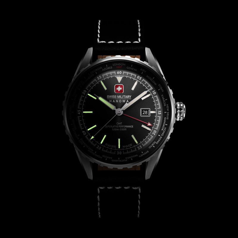 AFTERBURN GMT Leather/Stainless Steel Black 42mm GMT Armbanduhr Herren  Swiss Made