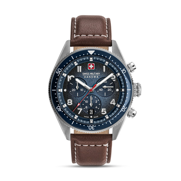 Swiss Military Hanowa Men's Wristwatch Analog Leather Brown 42mm Chronograph Men's Watch Watches Bracelets