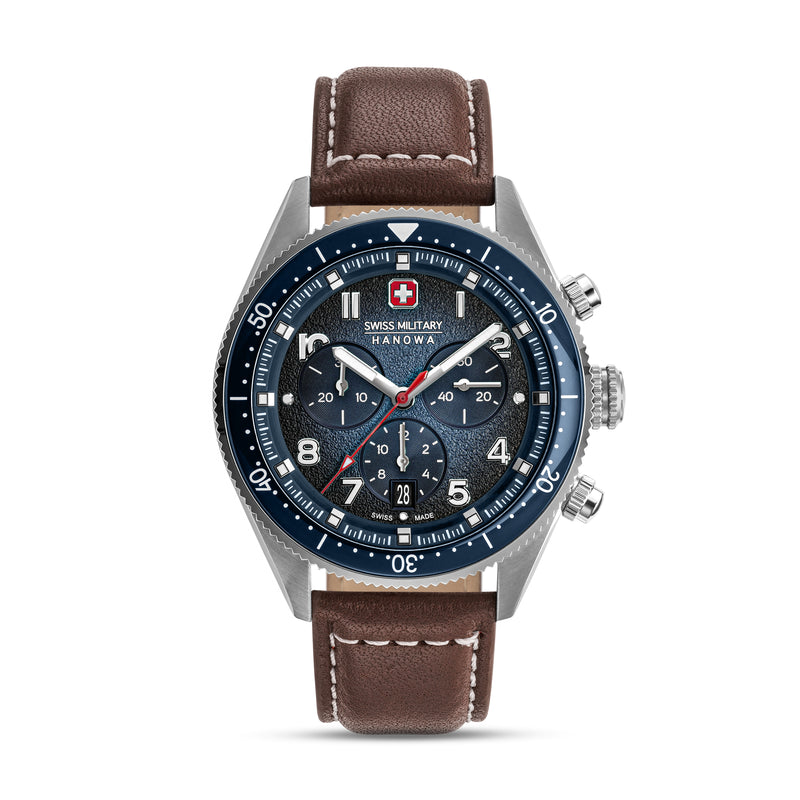 Swiss Military Hanowa Men's Wristwatch Analog Leather Brown 42mm Chronograph Men's Watch Watches Bracelets