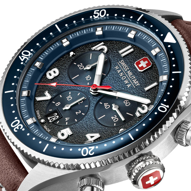 Swiss Military Hanowa Men's Wristwatch Analog Leather Brown 42mm Chronograph Men's Watch Watches Bracelets