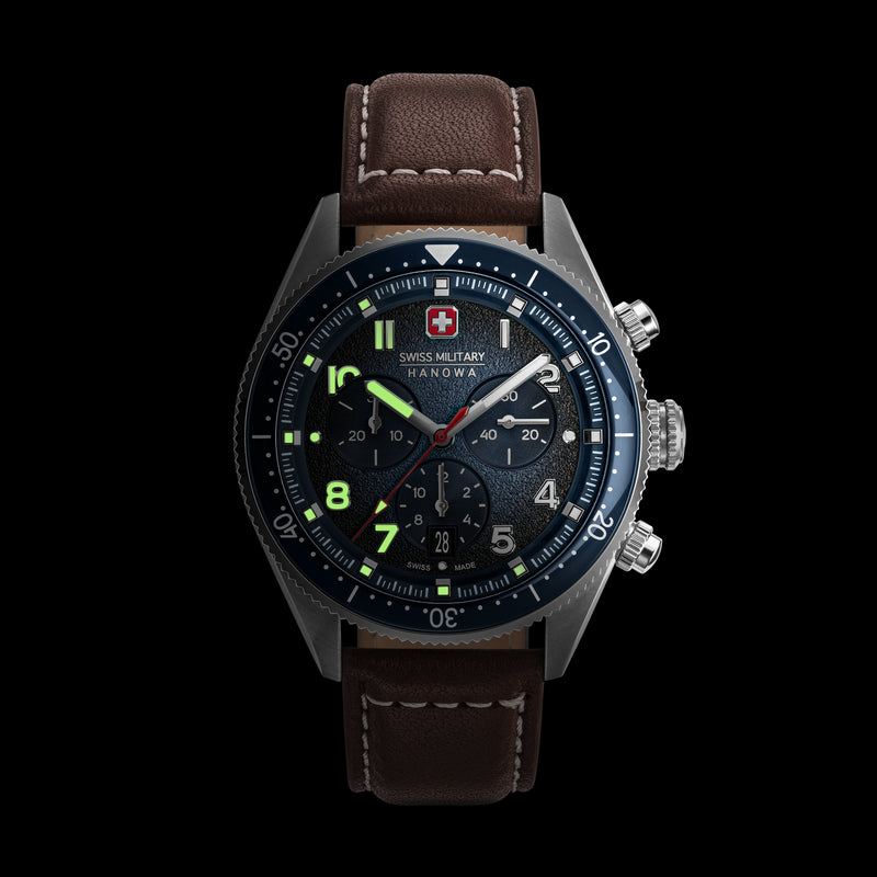Swiss Military Hanowa Men's Wristwatch Analog Leather Brown 42mm Chronograph Men's Watch Watches Bracelets