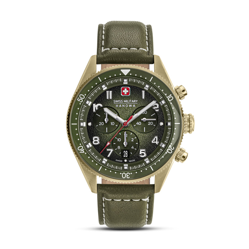 Orologio da uomo svizzero militare Hanowa in pelle verde 42 mm cronografo da uomo orologio da polso