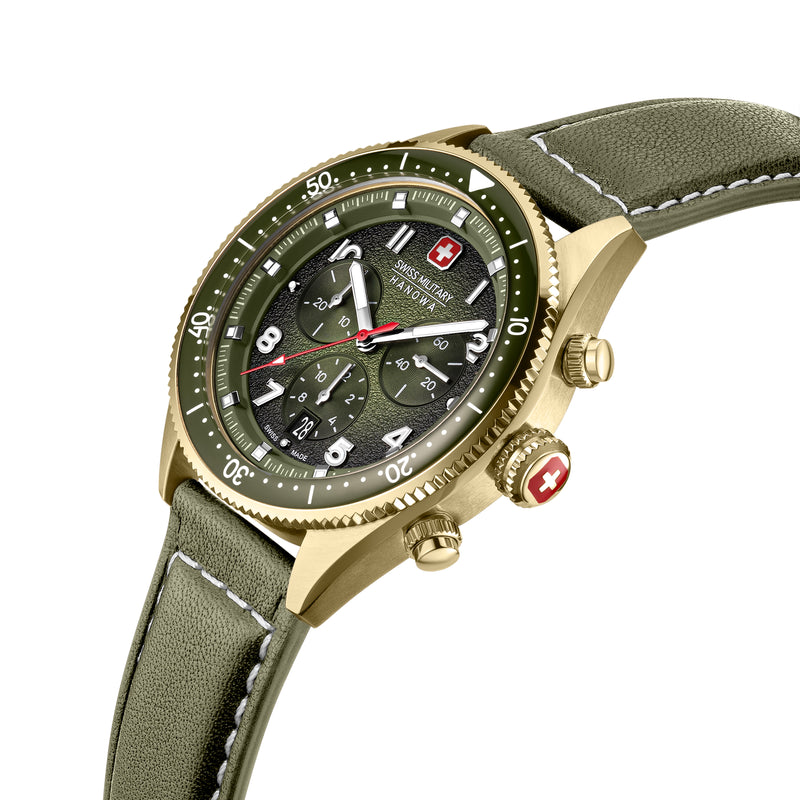 Orologio da uomo svizzero militare Hanowa in pelle verde 42 mm cronografo da uomo orologio da polso