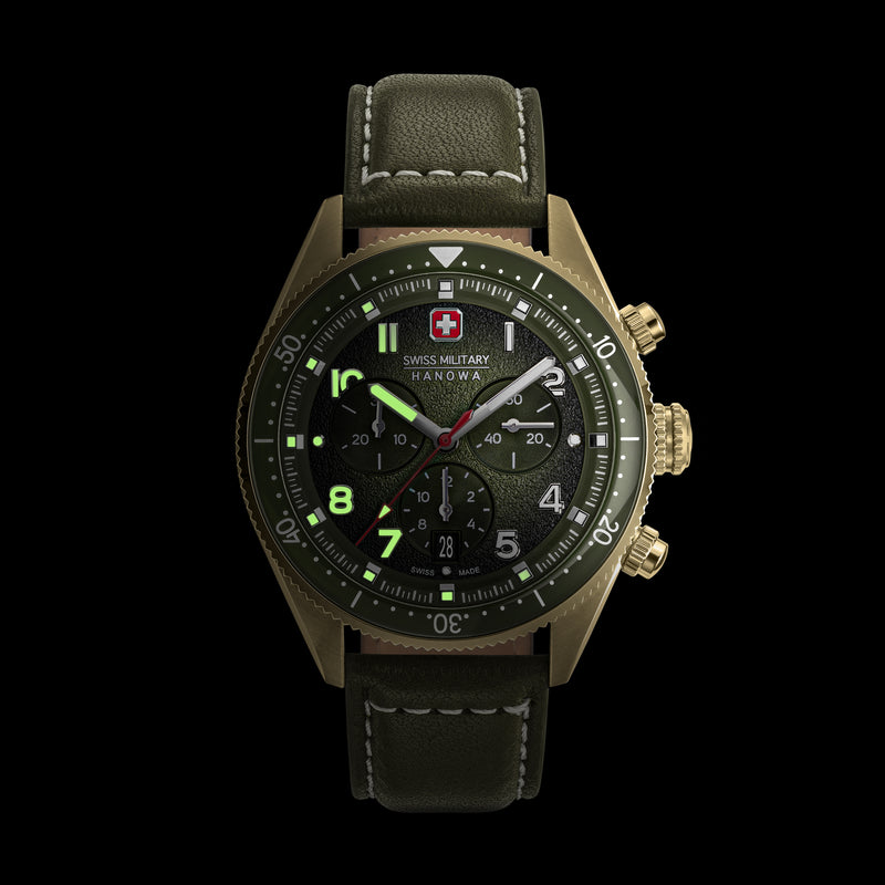 Orologio da uomo svizzero militare Hanowa in pelle verde 42 mm cronografo da uomo orologio da polso
