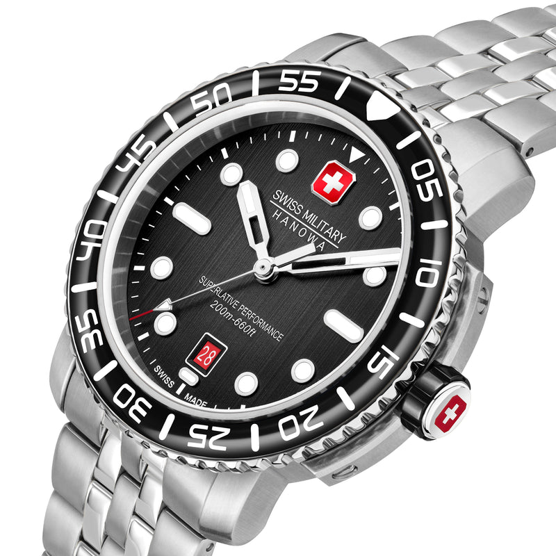 Orologio da uomo Swiss Military Hanowa Black Marlin 42mm Orologio da sub in acciaio inossidabile nero Orologio da uomo Cronografo