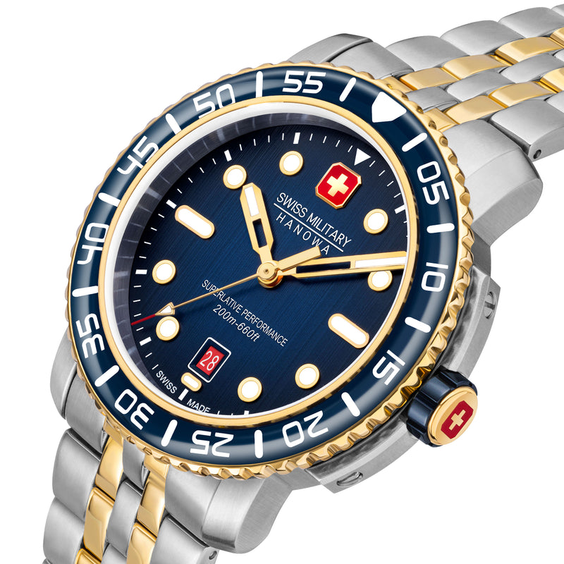Swiss Military Hanowa Orologio Marlin Nero da Uomo 42mm Orologio da Uomo in Acciaio Inossidabile Blu/Oro Orologio da Polso Cronografo Orologio Subacqueo