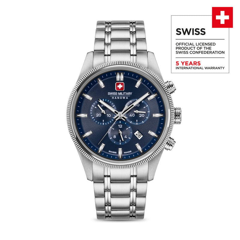Swiss Military Hanowa Men's Chronograph Watch Stainless Steel Blue 42mm Men's Watch Wristwatch Chronograph Swiss Made