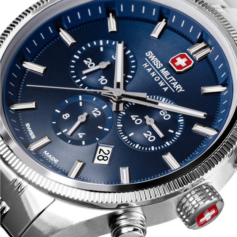 Swiss Military Hanowa Men's Chronograph Watch Stainless Steel Blue 42mm Men's Watch Wristwatch Chronograph Swiss Made