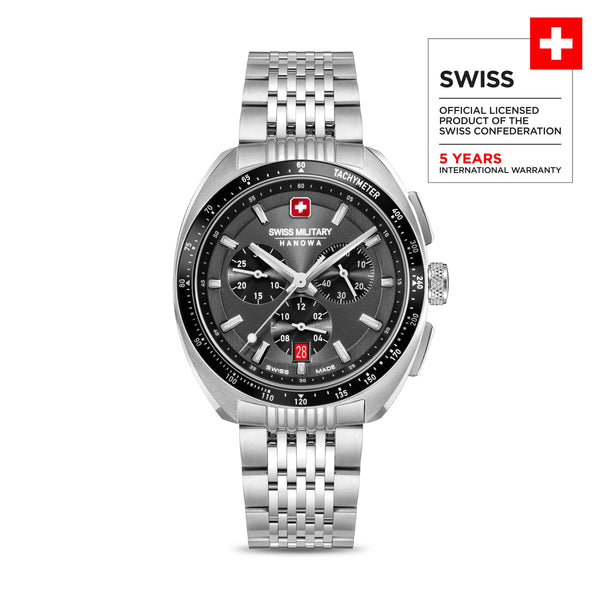 DEFENDER 42mm Stainless Steel Silver/Black Herren Armbanduhr Chronograph Swiss Made