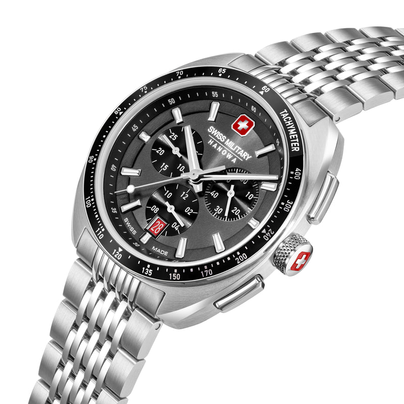 Swiss Military Hanowa Men's Wrist Watch Chronograph 42mm Stainless Steel Silver/Black Men's Wrist Watch Chronograph Swiss Made