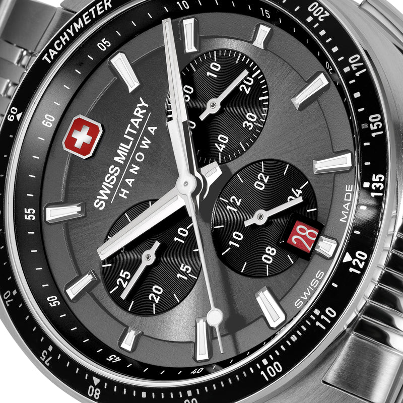 Swiss Military Hanowa Men's Wrist Watch Chronograph 42mm Stainless Steel Silver/Black Men's Wrist Watch Chronograph Swiss Made