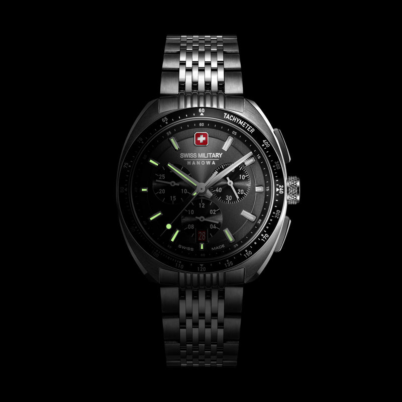 Swiss Military Hanowa Men's Wrist Watch Chronograph 42mm Stainless Steel Silver/Black Men's Wrist Watch Chronograph Swiss Made