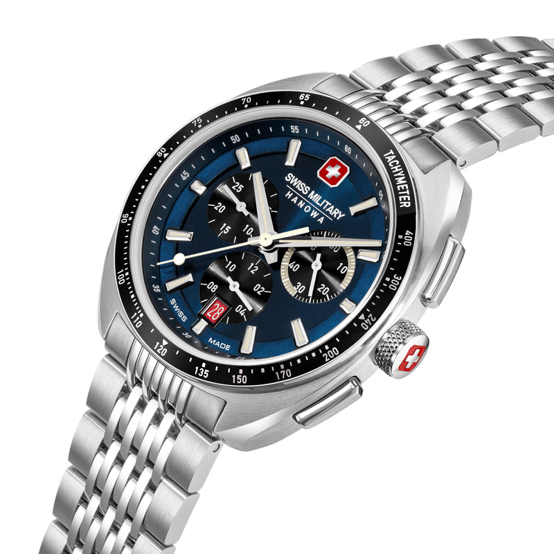 DEFENDER Blue Stainless Steel 42mm Herren Leder Armband -  Swiss Made