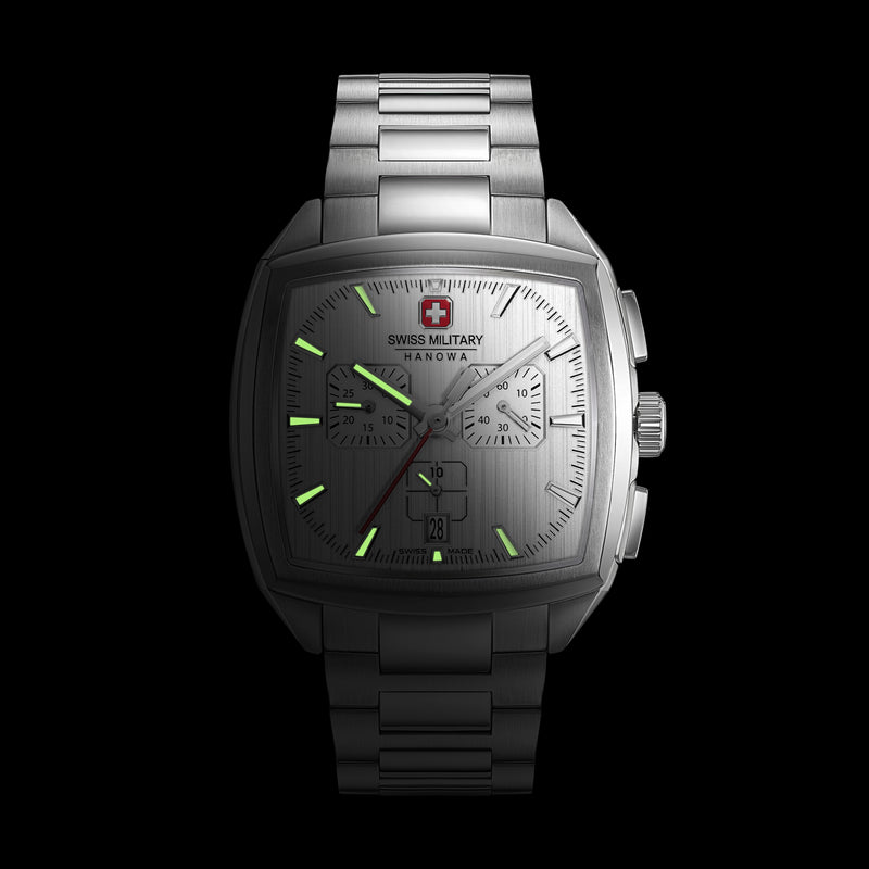 Swiss Military Hanowa Orologio da uomo Cronografo in acciaio inossidabile argento 42 mm - Prodotto in Svizzera - Orologio da uomo Cronografo - Orologio militare svizzero