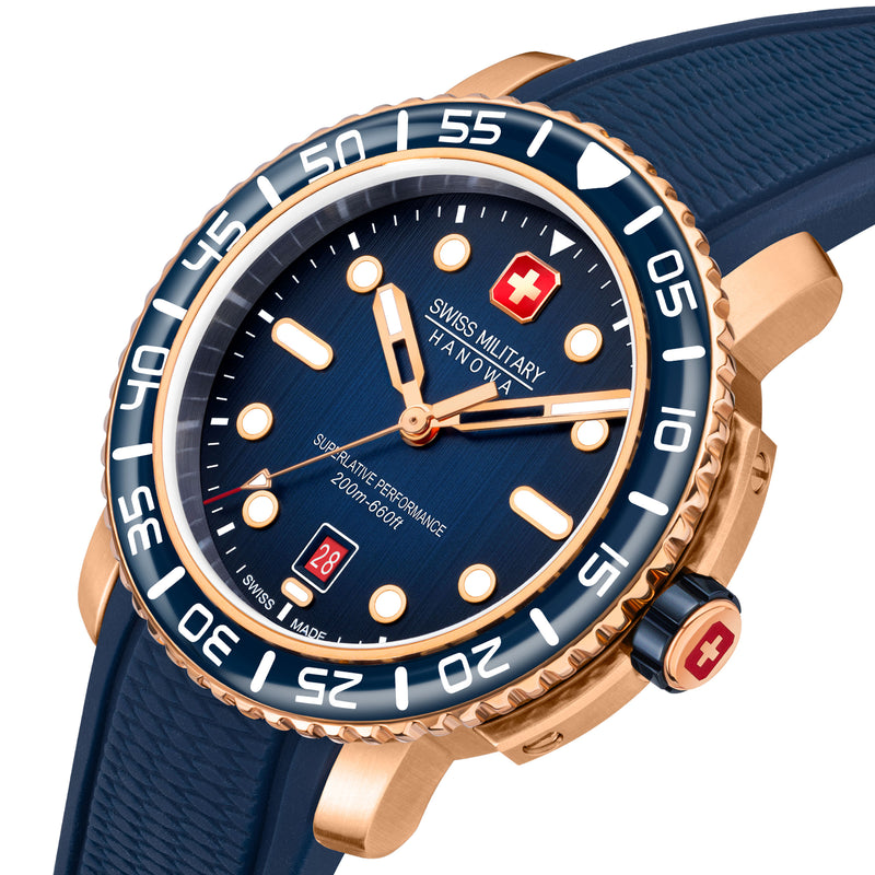 Orologio da uomo Swiss Military Hanowa Black Marlin 45mm Blu/Oro rosa Orologio da uomo in acciaio inossidabile/gomma Orologio subacqueo Cronografo