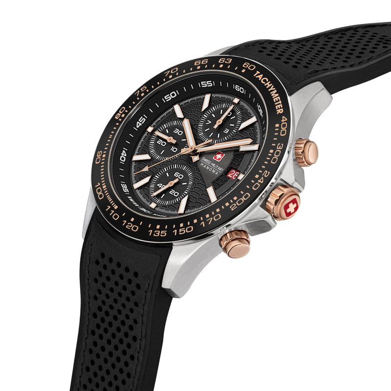 Swiss Military Hanowa Orologio da uomo Cronografo Pelle Nero Oro rosa 42 mm Orologio da uomo Cronografo da polso Orologio sportivo
