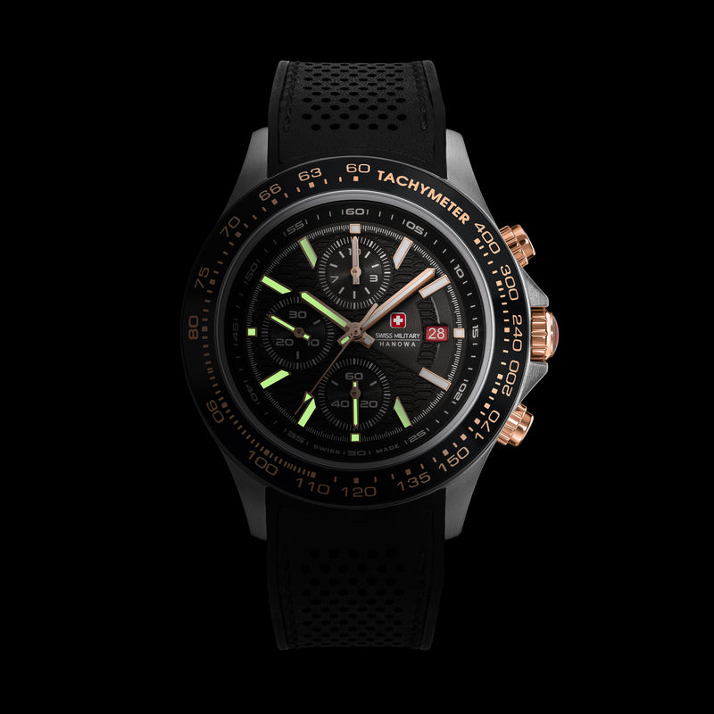 Swiss Military Hanowa Orologio da uomo Cronografo Pelle Nero Oro rosa 42 mm Orologio da uomo Cronografo da polso Orologio sportivo