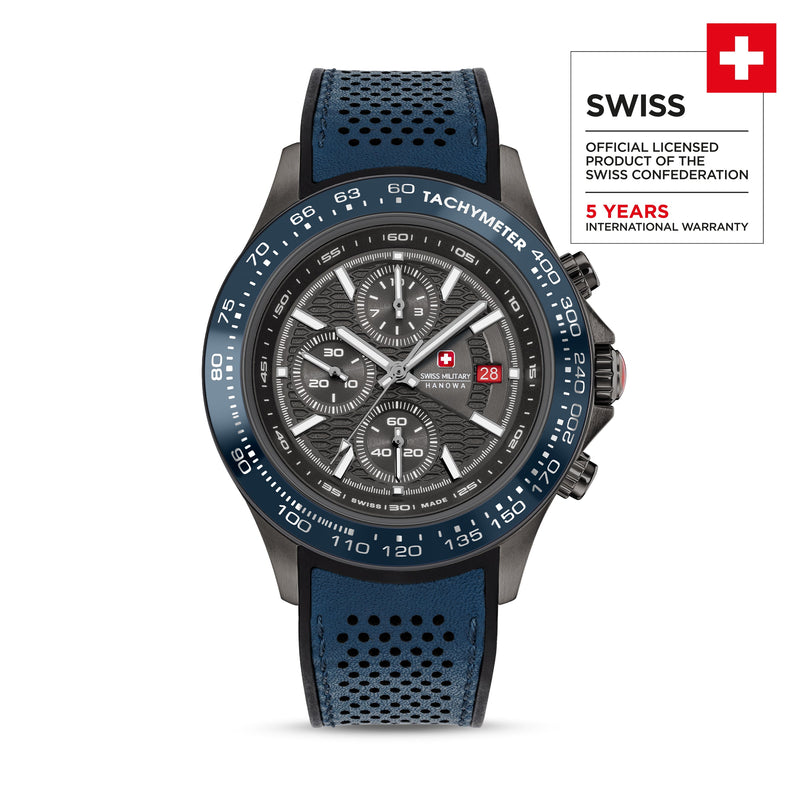 Swiss Military Hanowa Orologio da uomo Cronografo 42 mm Pelle/Acciaio Blu/Nero Orologio da uomo Cronografo Orologio da uomo