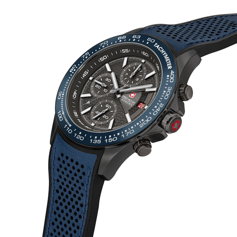 Swiss Military Hanowa Orologio da uomo Cronografo 42 mm Pelle/Acciaio Blu/Nero Orologio da uomo Cronografo Orologio da uomo