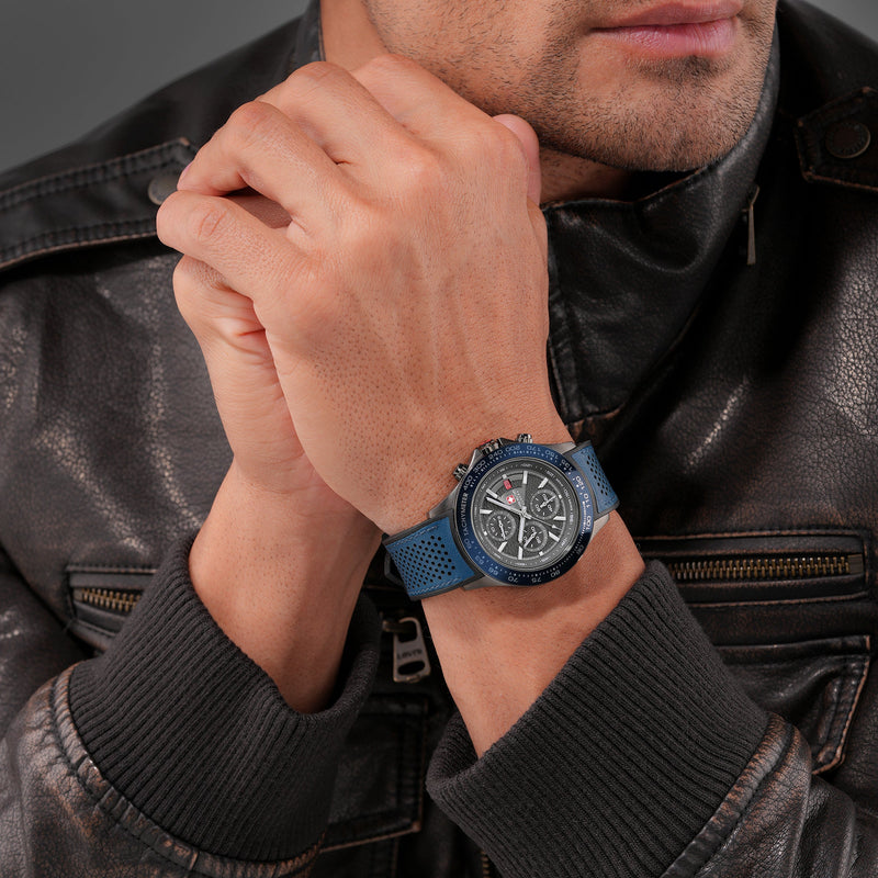 Swiss Military Hanowa Orologio da uomo Cronografo 42 mm Pelle/Acciaio Blu/Nero Orologio da uomo Cronografo Orologio da uomo