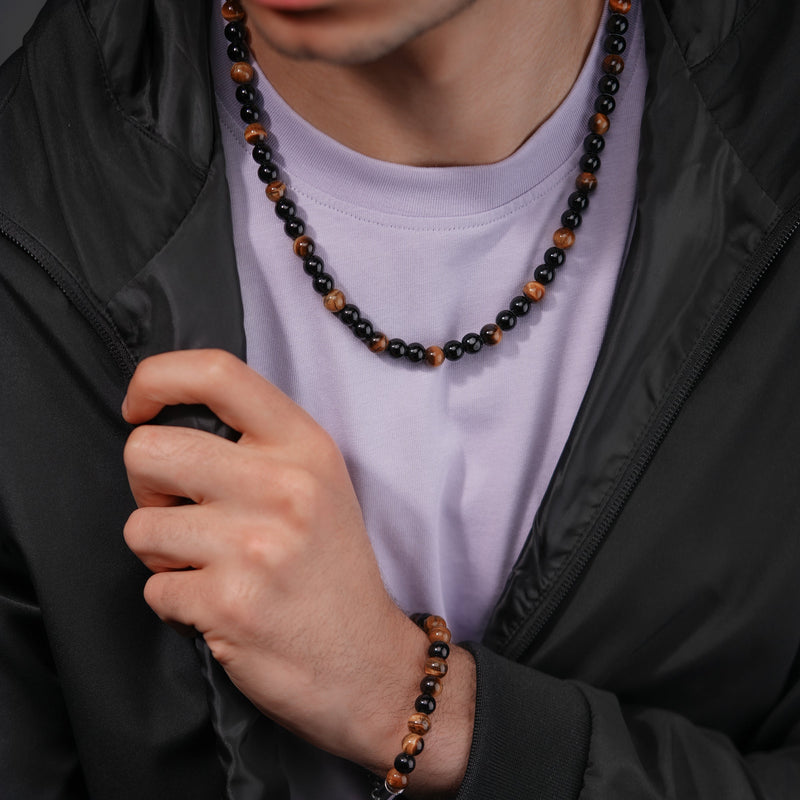 Police Men's Necklace Tiger Eye Black Brown Stainless Steel Chain Jewelry Men's Chain Necklace