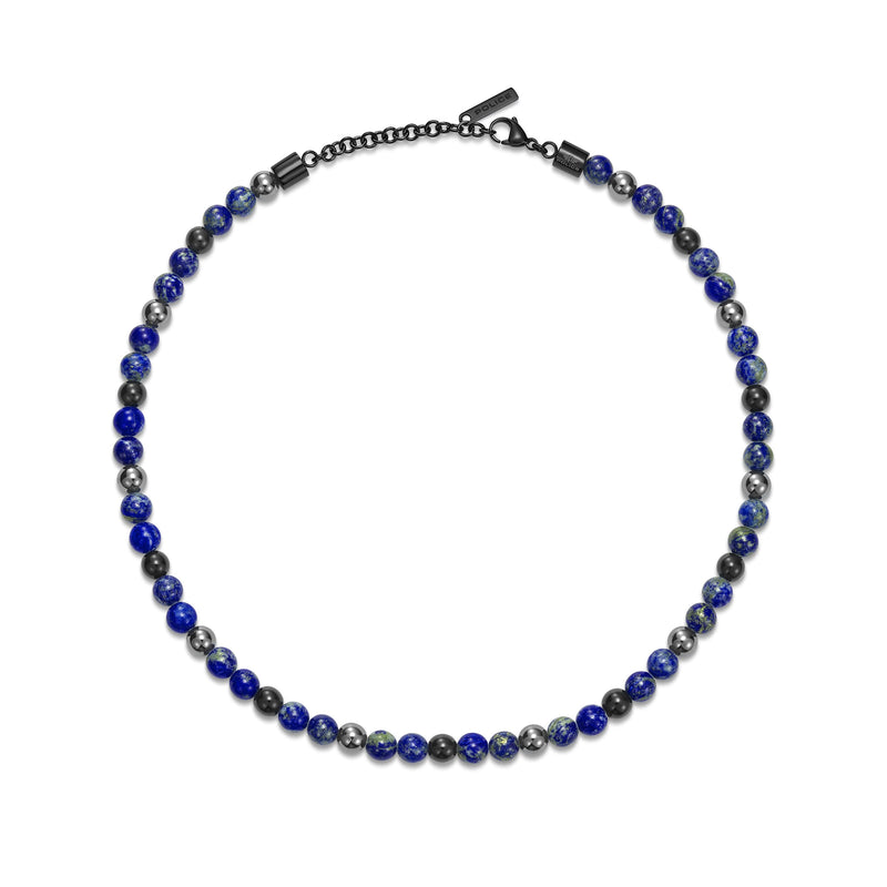 Collana da uomo Police Lapislazzuli Ematite Nero Blu Perline Collana con colletto a catena Gioielli da uomo
