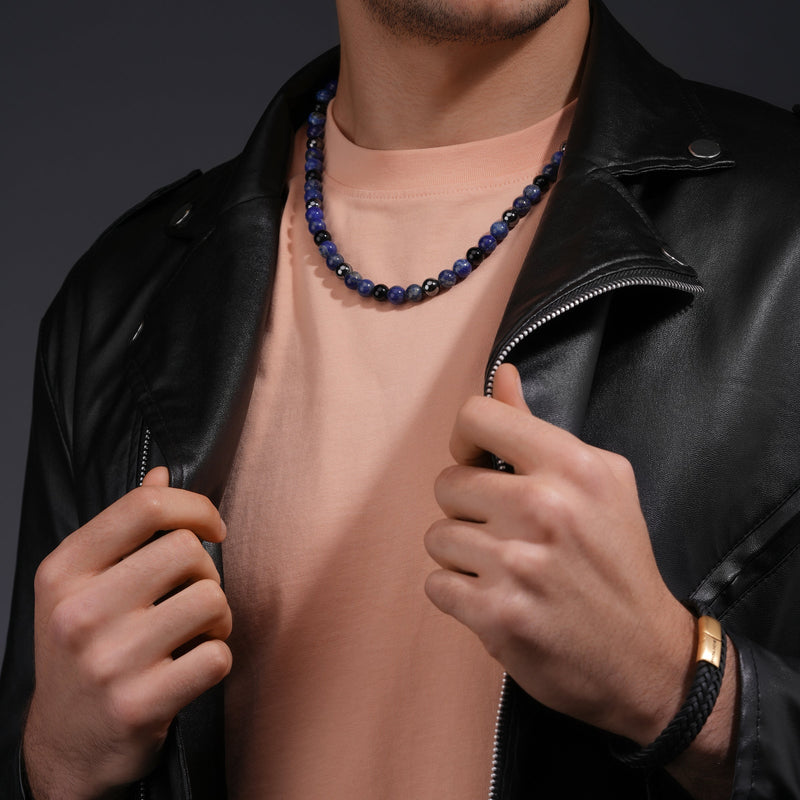 Collana da uomo Police Lapislazzuli Ematite Nero Blu Perline Collana con colletto a catena Gioielli da uomo