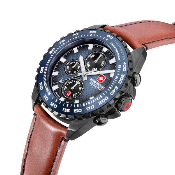 STONE MARTEN Herren Armbanduhr Chronograph Leder Blau Braun 44mm - Swiss Made