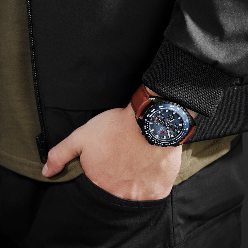 STONE MARTEN Herren Armbanduhr Chronograph Leder Blau Braun 44mm - Swiss Made