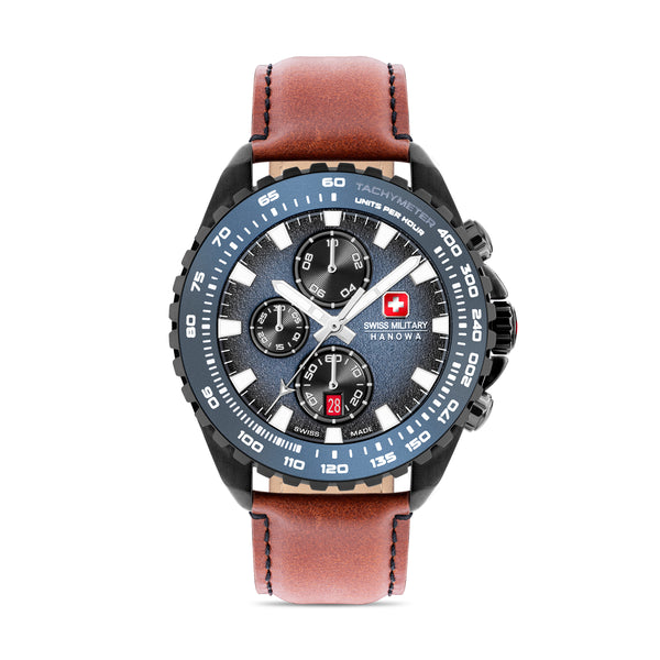 STONE MARTEN Herren Armbanduhr Chronograph Leder Blau Braun 44mm - Swiss Made