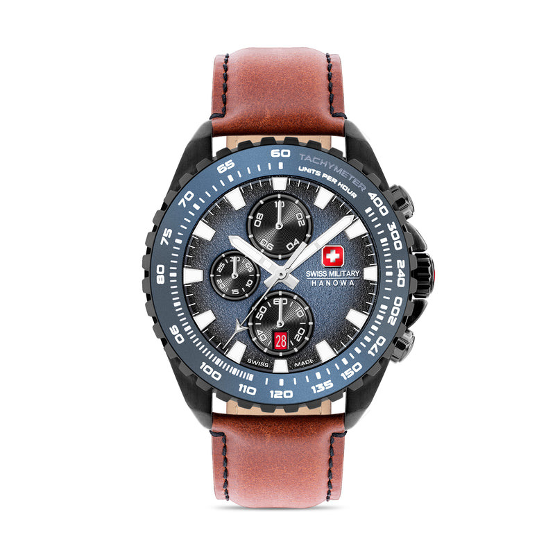 STONE MARTEN Herren Armbanduhr Chronograph Leder Blau Braun 44mm - Swiss Made