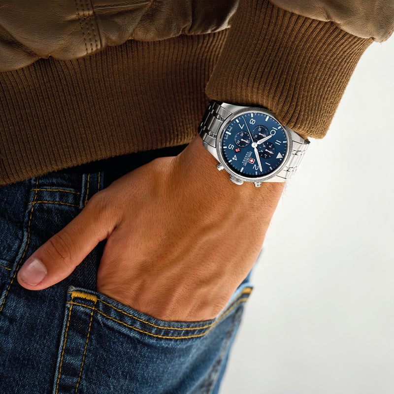 Swiss Military Hanowa Men's Wristwatch Chronograph Stainless Steel Blue 42mm - Swiss Made Watch - Men's Watches - Chronographs