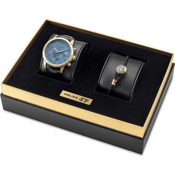 Orologio cronografo da uomo Police con cinturino in pelle blu oro 42 mm - Orologio da uomo cronografo analogico al quarzo