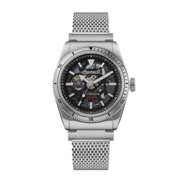 Ingersoll 1892 The Scovill for men 43 mm automatic watch with black skeleton dial and silver-tone stainless steel bracelet I13903