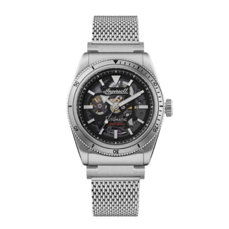 Ingersoll 1892 The Scovill for men 43 mm automatic watch with black skeleton dial and silver-tone stainless steel bracelet I13903