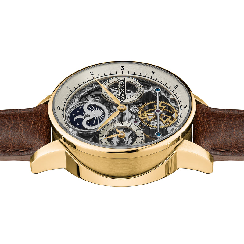 Ingersoll The Jazz 42mm Orologio automatico da uomo con fasi lunari con quadrante scheletrato in oro chiaro e cinturino in vera pelle marrone I07704