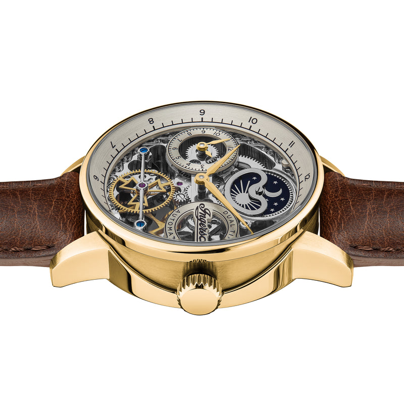 Ingersoll The Jazz 42mm Orologio automatico da uomo con fasi lunari con quadrante scheletrato in oro chiaro e cinturino in vera pelle marrone I07704