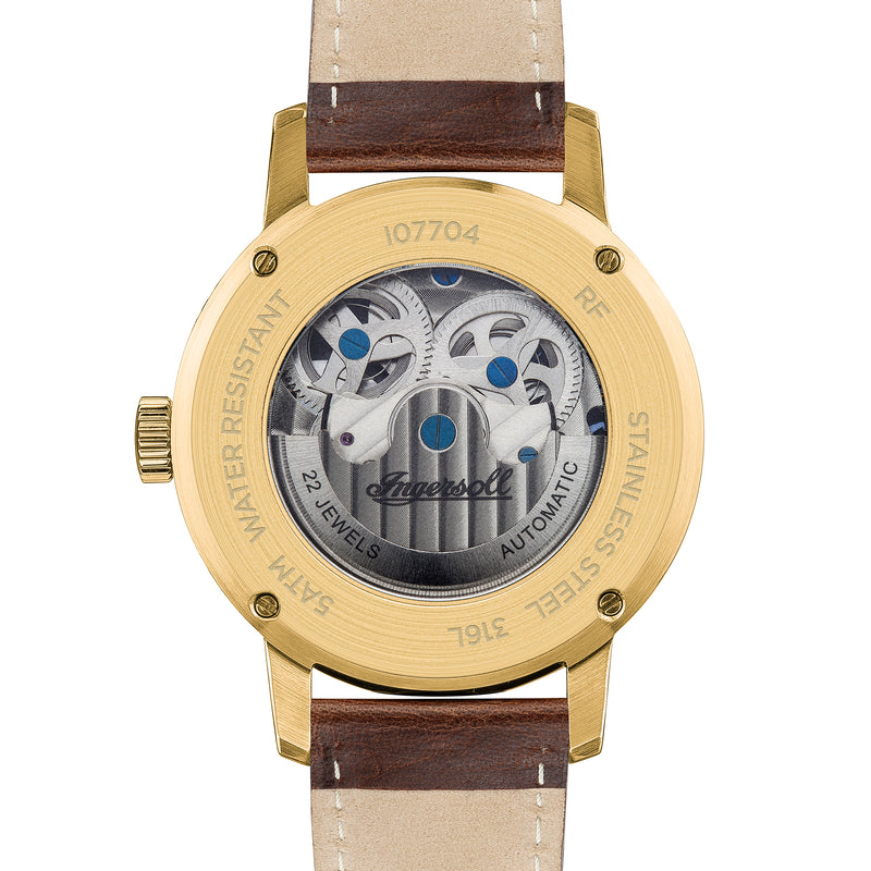 Ingersoll The Jazz 42mm Orologio automatico da uomo con fasi lunari con quadrante scheletrato in oro chiaro e cinturino in vera pelle marrone I07704