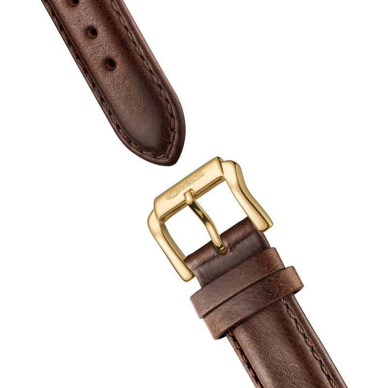 Ingersoll The Jazz 42mm Orologio automatico da uomo con fasi lunari con quadrante scheletrato in oro chiaro e cinturino in vera pelle marrone I07704